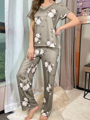 Contrast Color Floral Printed Short Sleeve Long Pant Pajama Set - WestLine Apparel