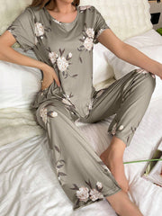 Contrast Color Floral Printed Short Sleeve Long Pant Pajama Set - WestLine Apparel