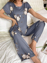 Contrast Color Floral Printed Short Sleeve Long Pant Pajama Set - WestLine Apparel