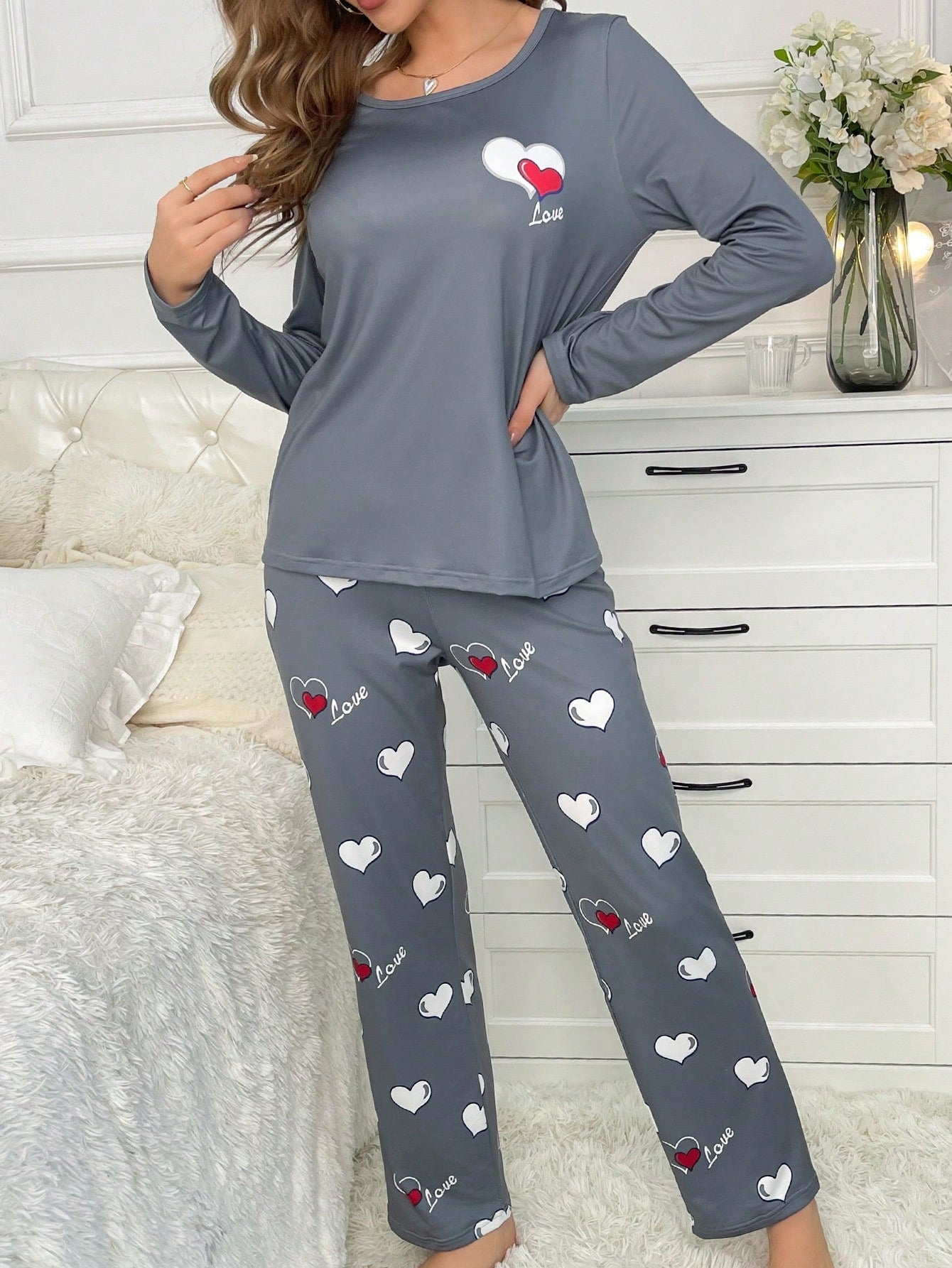CoupledUp Heart & Letter Graphic PJ Set / Pajama Set - WestLine Apparel
