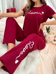 CoupledUp Heart Print Short Sleeve Pants Pajama Set - WestLine Apparel