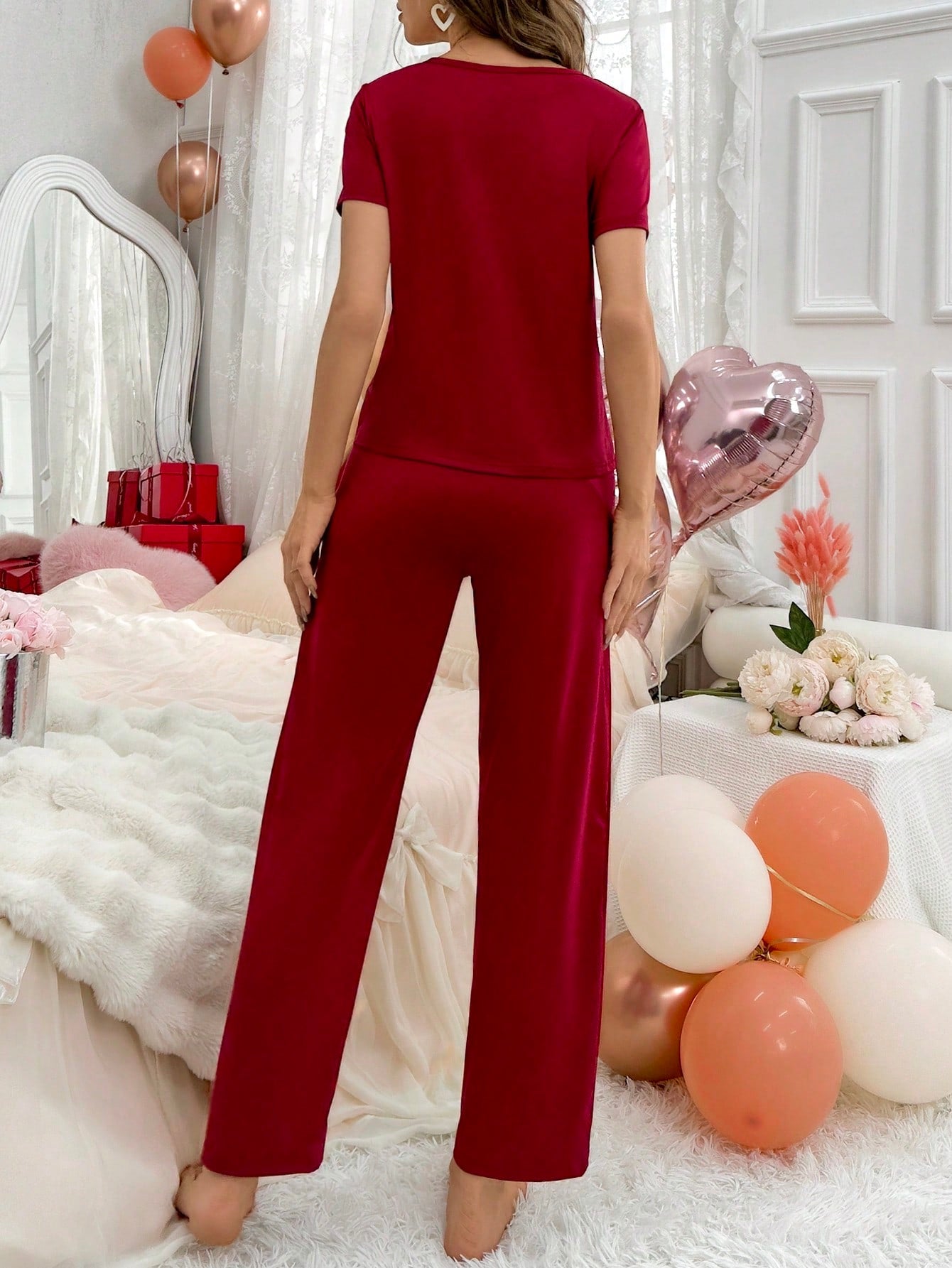 CoupledUp Heart Print Short Sleeve Pants Pajama Set - WestLine Apparel