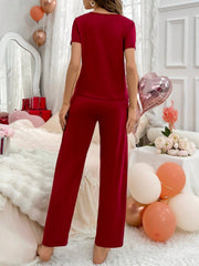 CoupledUp Heart Print Short Sleeve Pants Pajama Set - WestLine Apparel