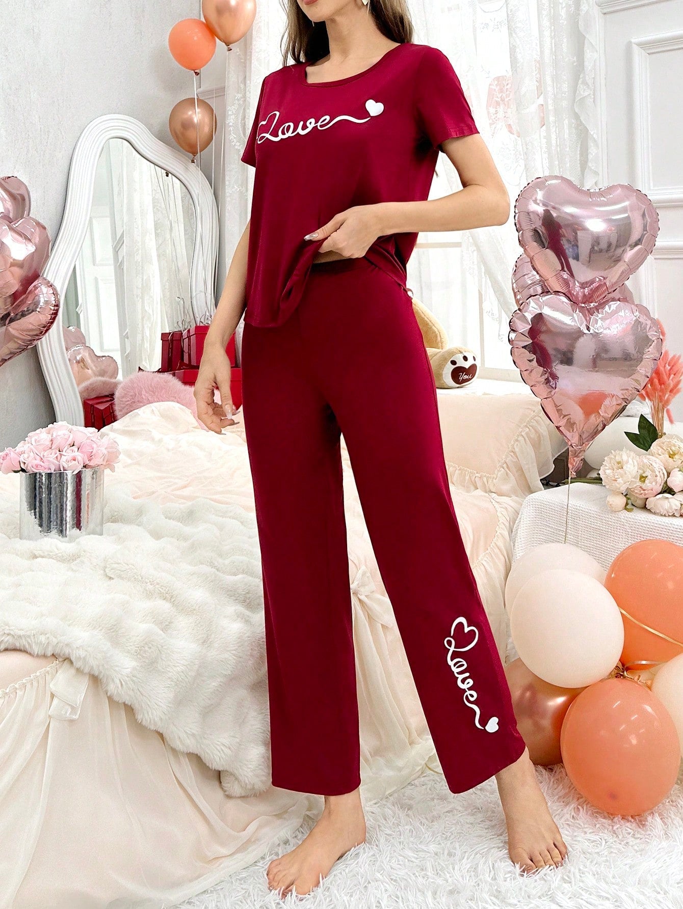 CoupledUp Heart Print Short Sleeve Pants Pajama Set - WestLine Apparel