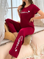 CoupledUp Heart Print Short Sleeve Pants Pajama Set - WestLine Apparel