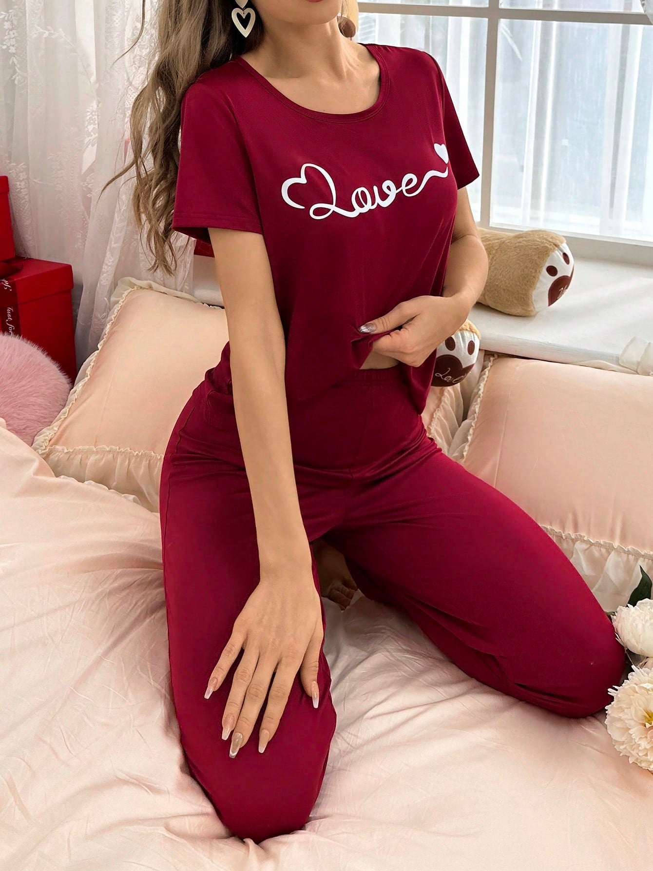 CoupledUp Heart Print Short Sleeve Pants Pajama Set - WestLine Apparel