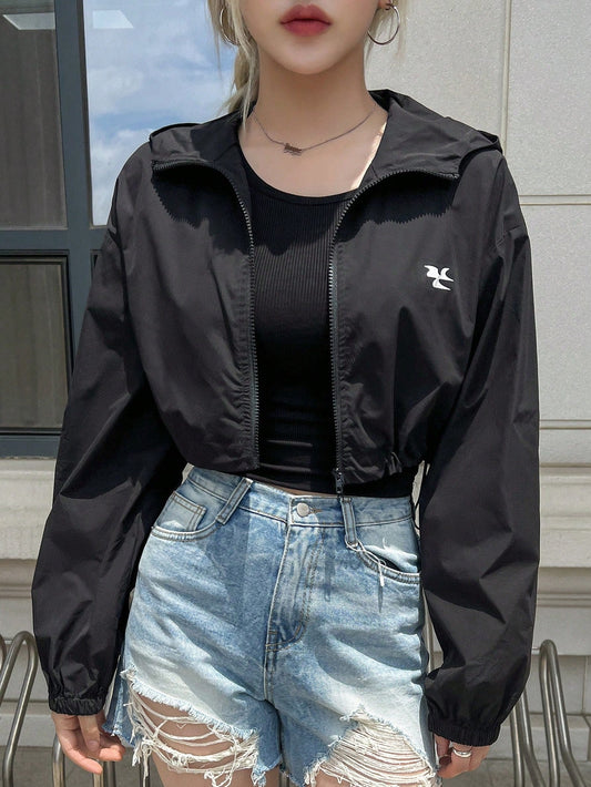 DAZY Graphic Print Zip Up Drop Shoulder Hooded Crop Jacket - WestLine Apparel