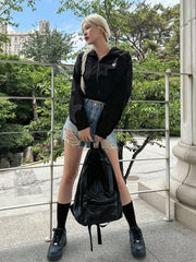 DAZY Graphic Print Zip Up Drop Shoulder Hooded Crop Jacket - WestLine Apparel