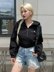 DAZY Graphic Print Zip Up Drop Shoulder Hooded Crop Jacket - WestLine Apparel