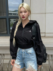 DAZY Graphic Print Zip Up Drop Shoulder Hooded Crop Jacket - WestLine Apparel