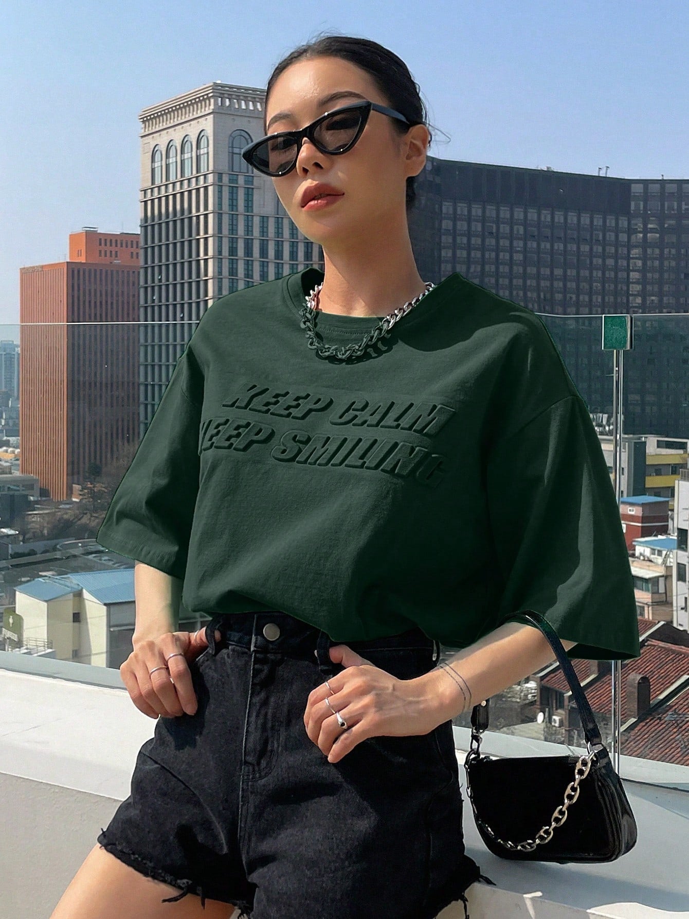 DAZY Slogan Pattern Drop Shoulder Tee KEEP CALM KEEP SMILING - WestLine Apparel