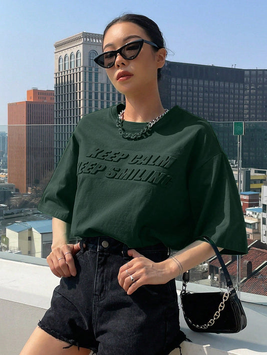 DAZY Slogan Pattern Drop Shoulder Tee KEEP CALM KEEP SMILING - WestLine Apparel