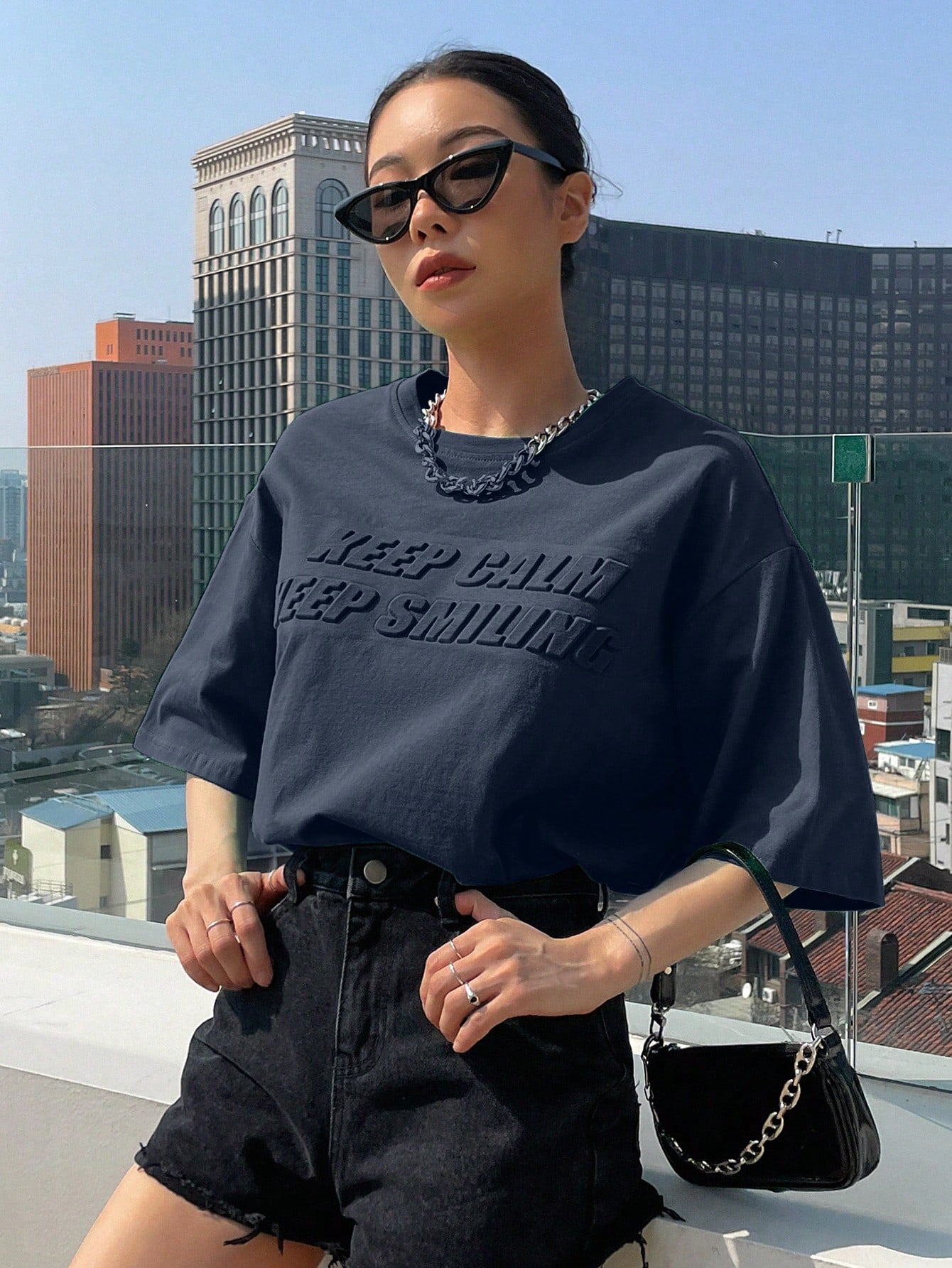 DAZY Slogan Pattern Drop Shoulder Tee KEEP CALM KEEP SMILING - WestLine Apparel