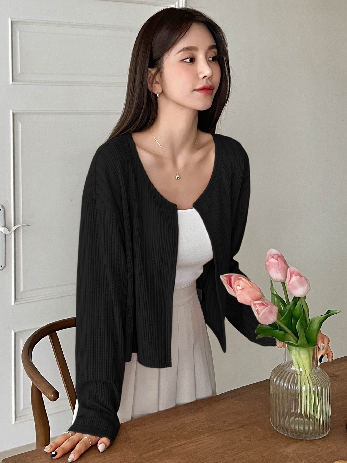 DAZY Solid Drop Shoulder Open Front Crop Jacket - WestLine Apparel