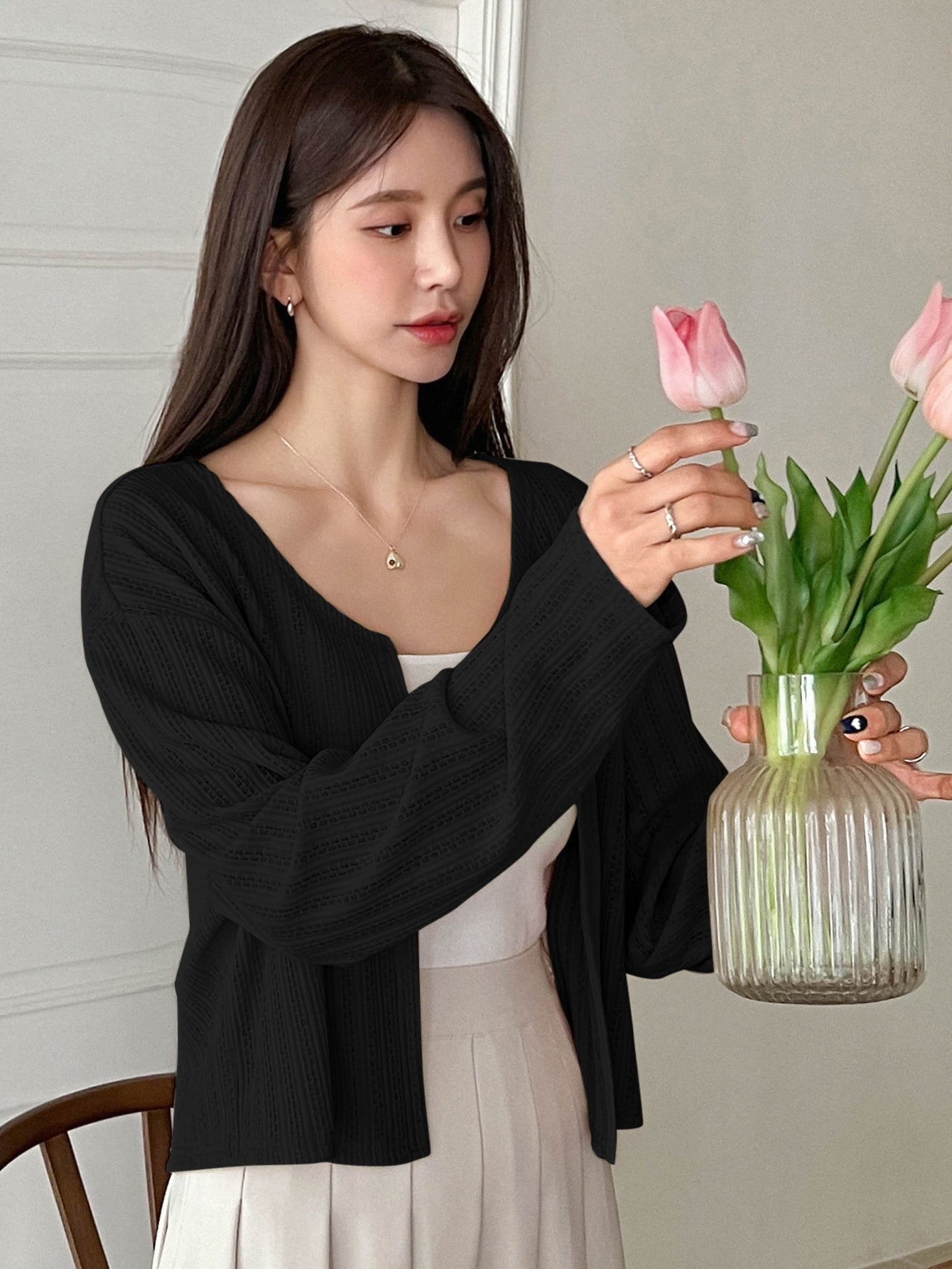 DAZY Solid Drop Shoulder Open Front Crop Jacket - WestLine Apparel