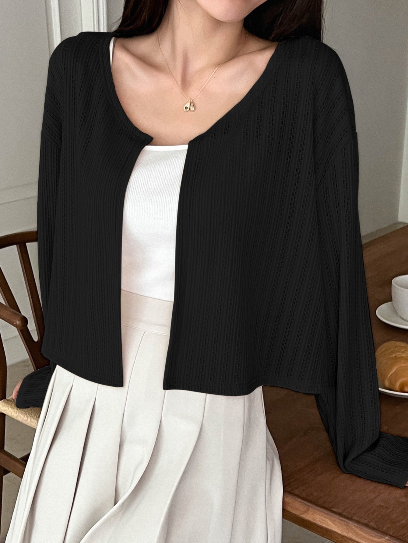 DAZY Solid Drop Shoulder Open Front Crop Jacket - WestLine Apparel