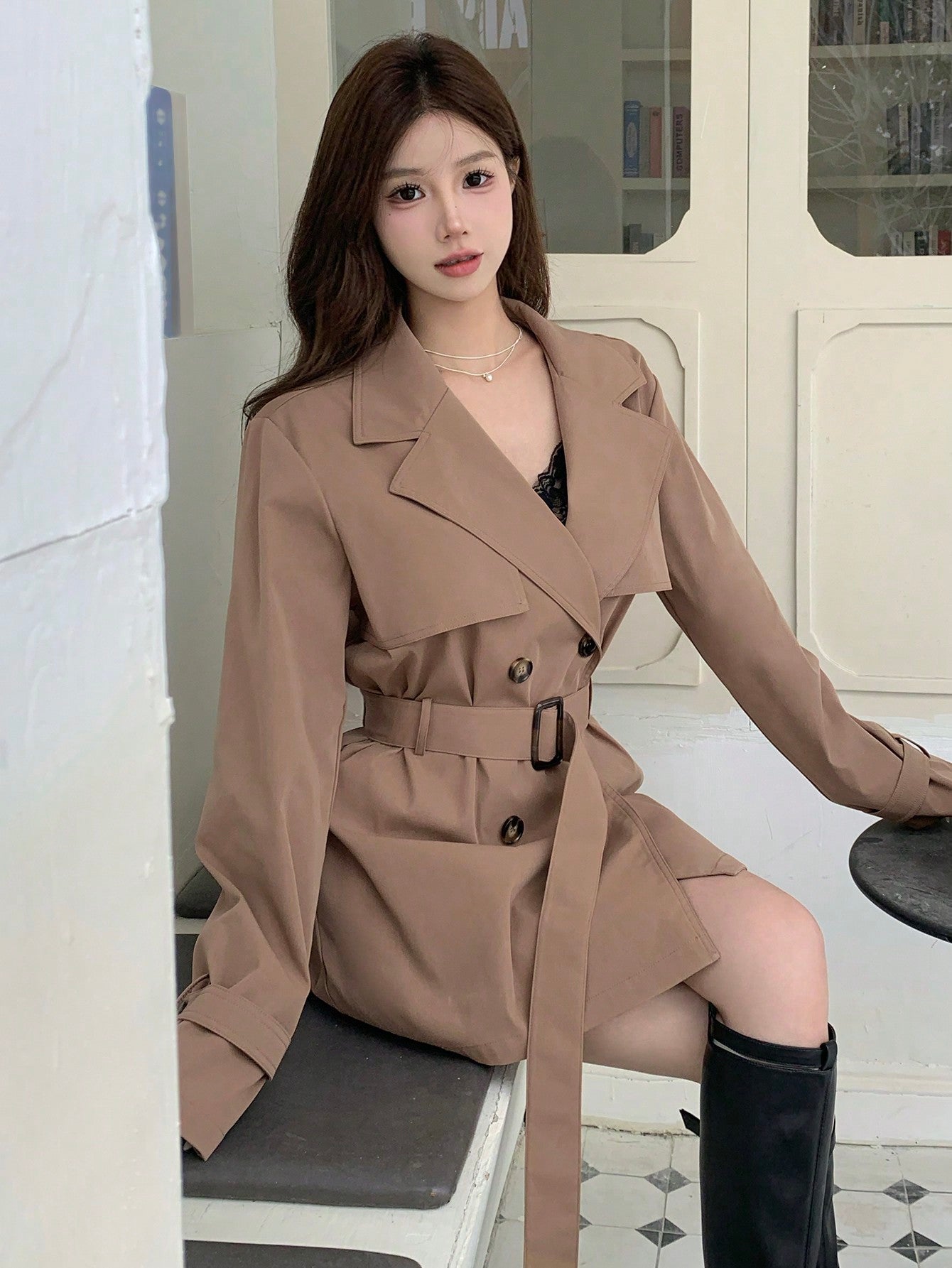 DAZY Women Business Casual Solid Color Double-Breasted Trench Coat - WestLine Apparel