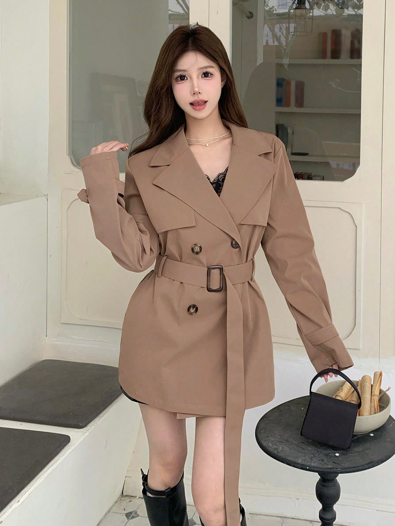 DAZY Women Business Casual Solid Color Double-Breasted Trench Coat - WestLine Apparel