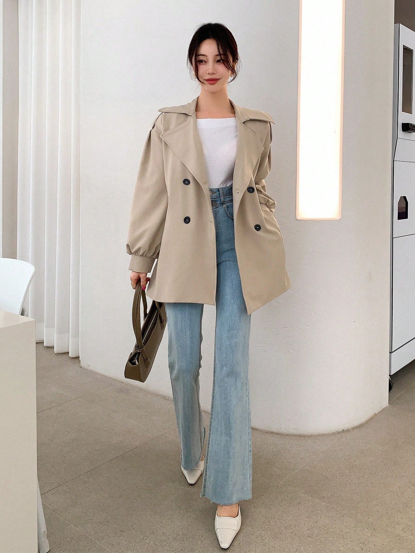 DAZY Women's Solid Color Lapel Double Breasted Long Sleeve Casual Business Trench Coat - WestLine Apparel