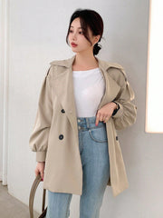 DAZY Women's Solid Color Lapel Double Breasted Long Sleeve Casual Business Trench Coat - WestLine Apparel
