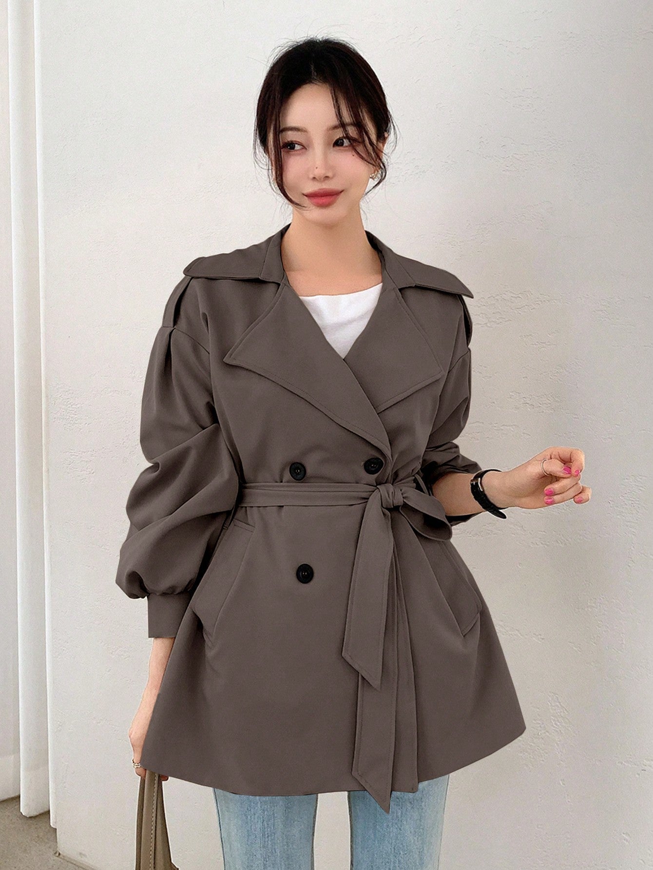 DAZY Women's Solid Color Lapel Double Breasted Long Sleeve Casual Business Trench Coat - WestLine Apparel