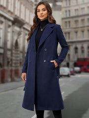 EMERY ROSE Lapel Neck Double Breasted Belted Overcoat - WestLine Apparel