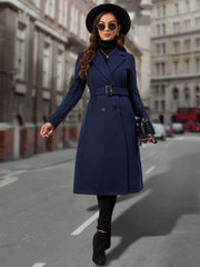 EMERY ROSE Lapel Neck Double Breasted Belted Overcoat - WestLine Apparel
