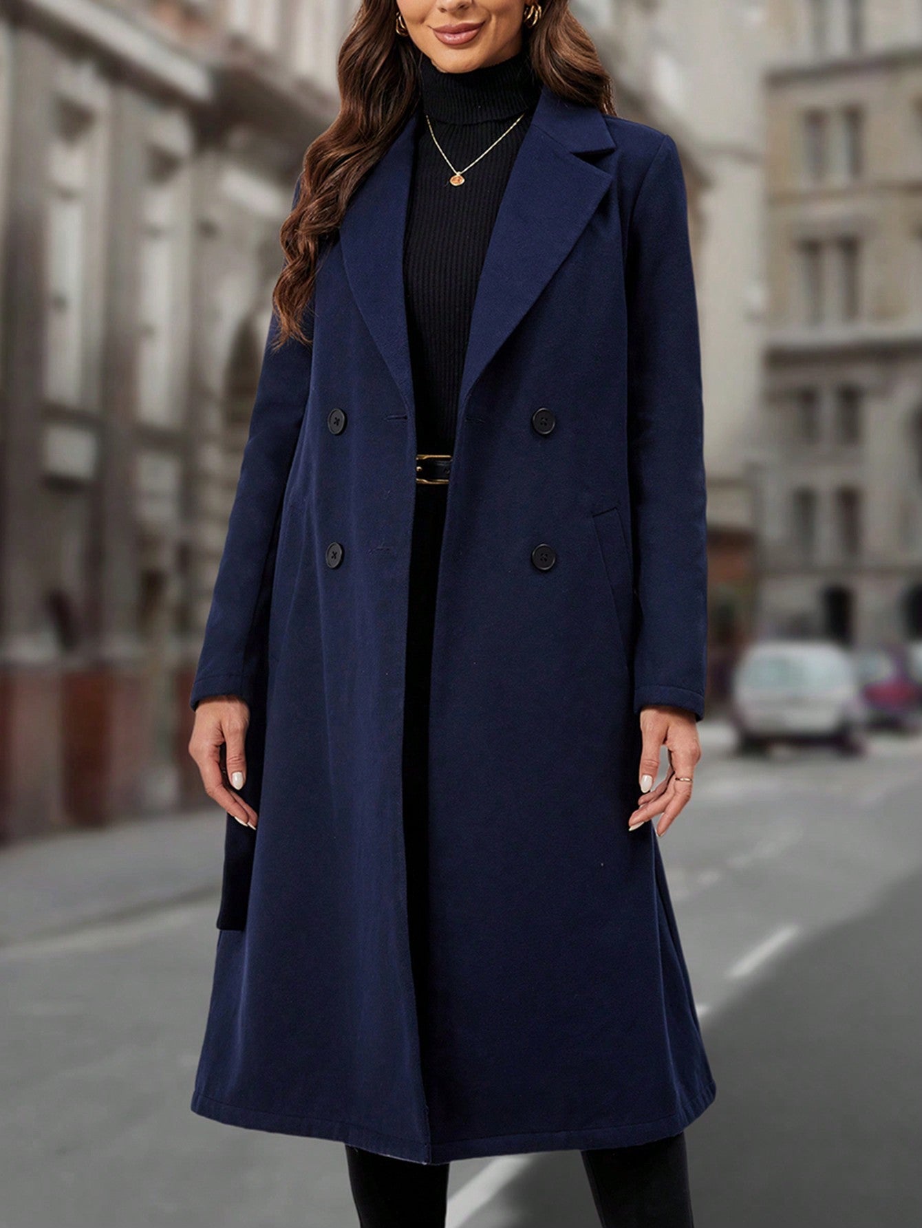 EMERY ROSE Lapel Neck Double Breasted Belted Overcoat - WestLine Apparel