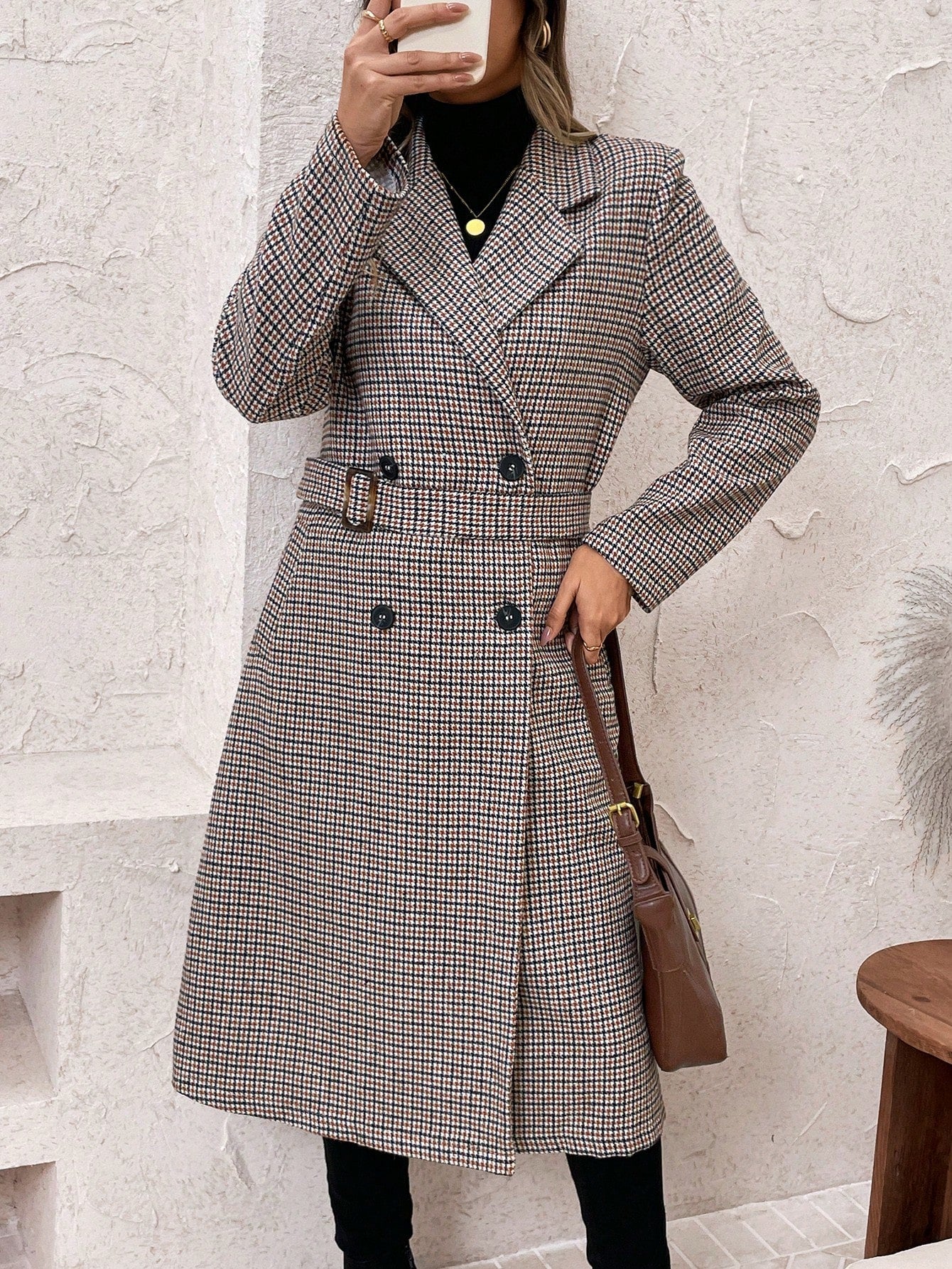 EMERY ROSE Lapel Neck Double Breasted Belted Overcoat - WestLine Apparel