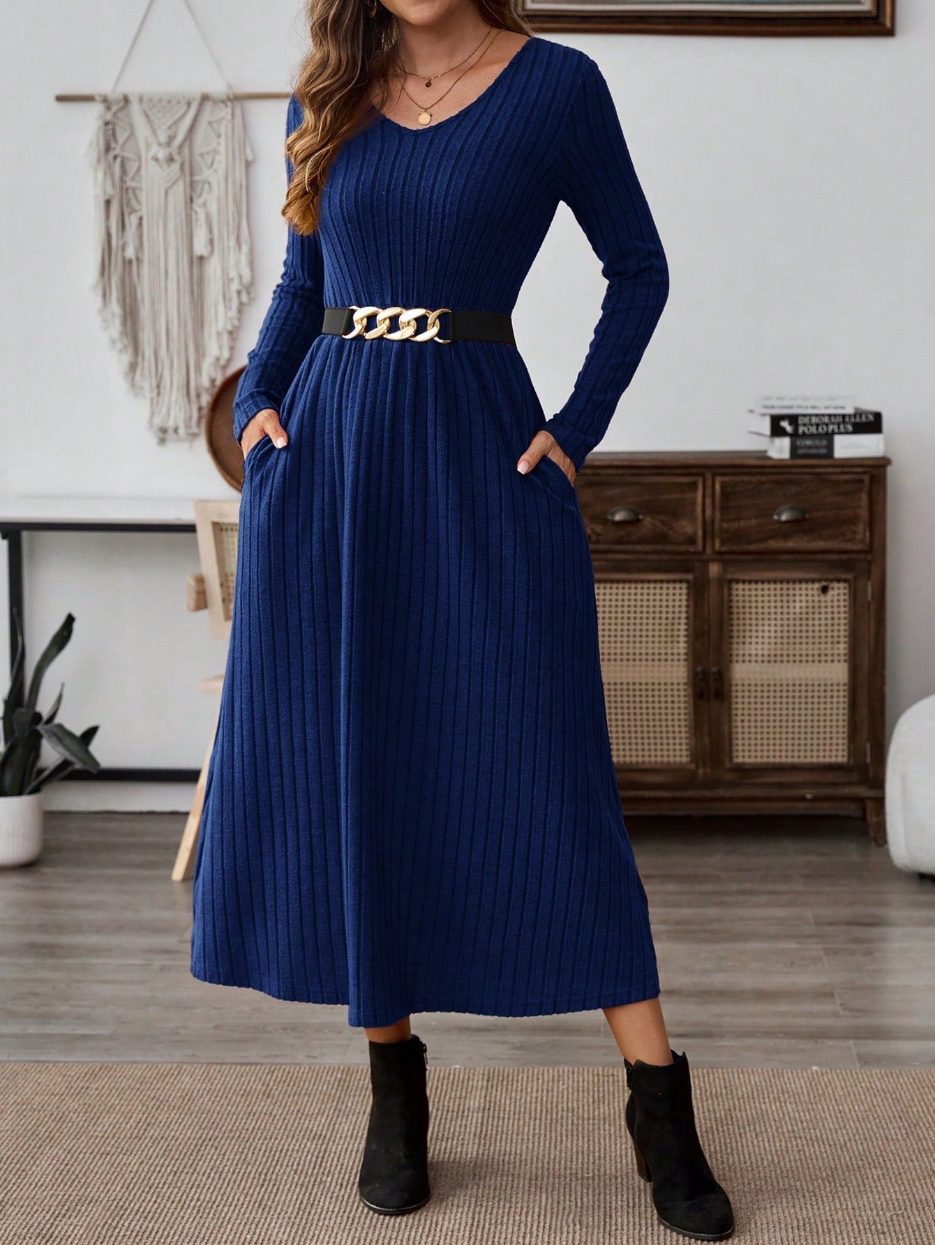 EMERY ROSE Women Solid Color V-Neck Pocket Rib Knit Long Sleeve Mid-Length Dress - WestLine Apparel