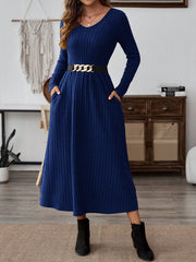 EMERY ROSE Women Solid Color V-Neck Pocket Rib Knit Long Sleeve Mid-Length Dress - WestLine Apparel