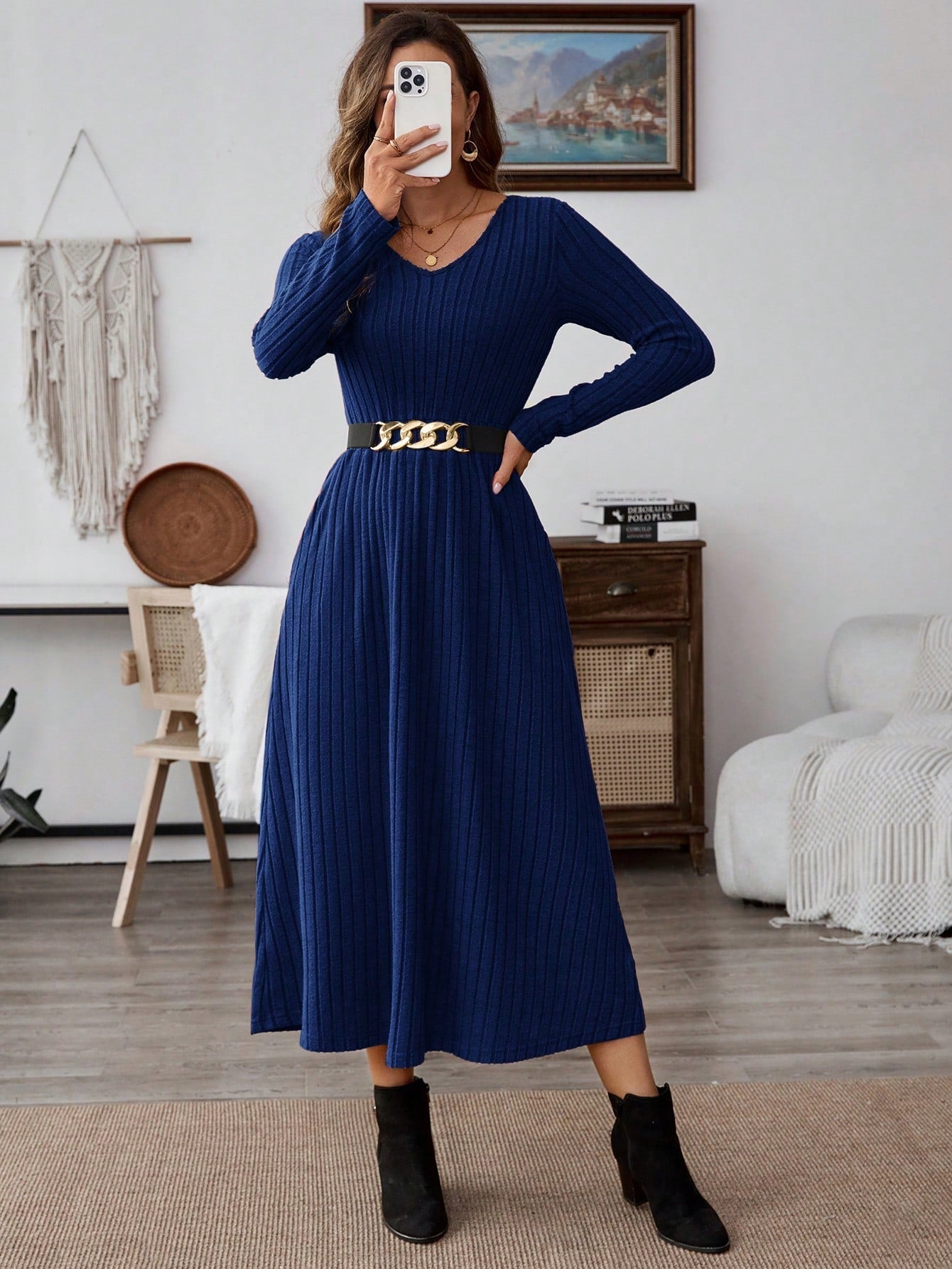 EMERY ROSE Women Solid Color V-Neck Pocket Rib Knit Long Sleeve Mid-Length Dress - WestLine Apparel