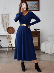 EMERY ROSE Women Solid Color V-Neck Pocket Rib Knit Long Sleeve Mid-Length Dress - WestLine Apparel