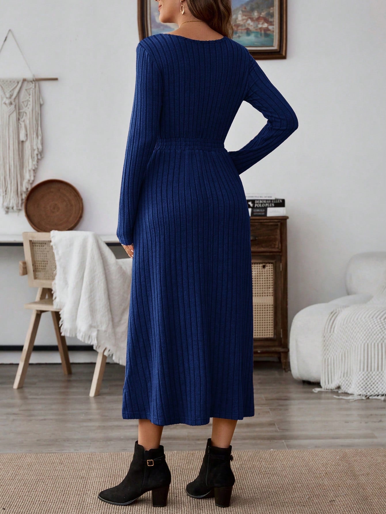 EMERY ROSE Women Solid Color V-Neck Pocket Rib Knit Long Sleeve Mid-Length Dress - WestLine Apparel