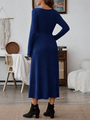 EMERY ROSE Women Solid Color V-Neck Pocket Rib Knit Long Sleeve Mid-Length Dress - WestLine Apparel