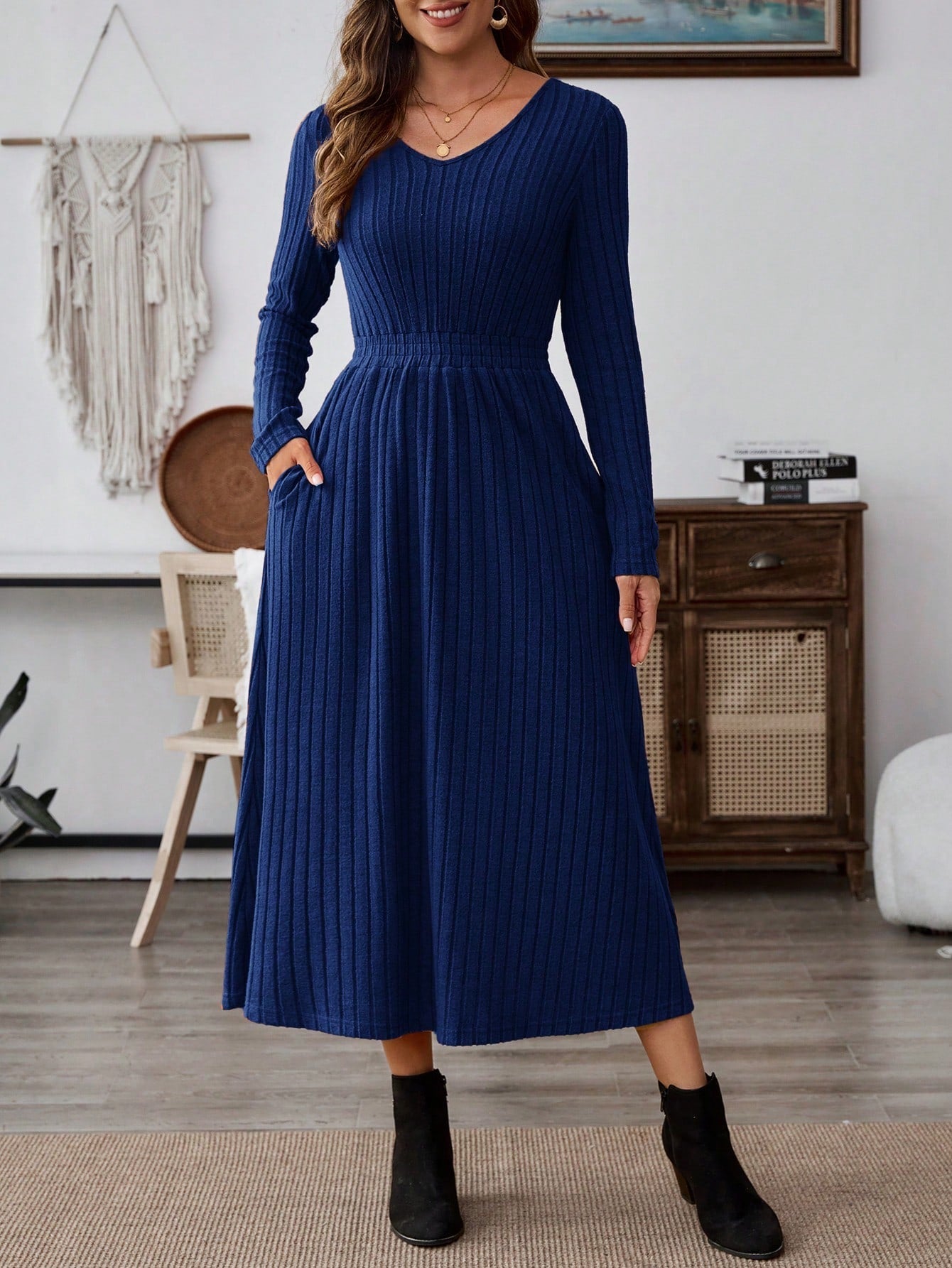 EMERY ROSE Women Solid Color V-Neck Pocket Rib Knit Long Sleeve Mid-Length Dress - WestLine Apparel