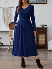 EMERY ROSE Women Solid Color V-Neck Pocket Rib Knit Long Sleeve Mid-Length Dress - WestLine Apparel