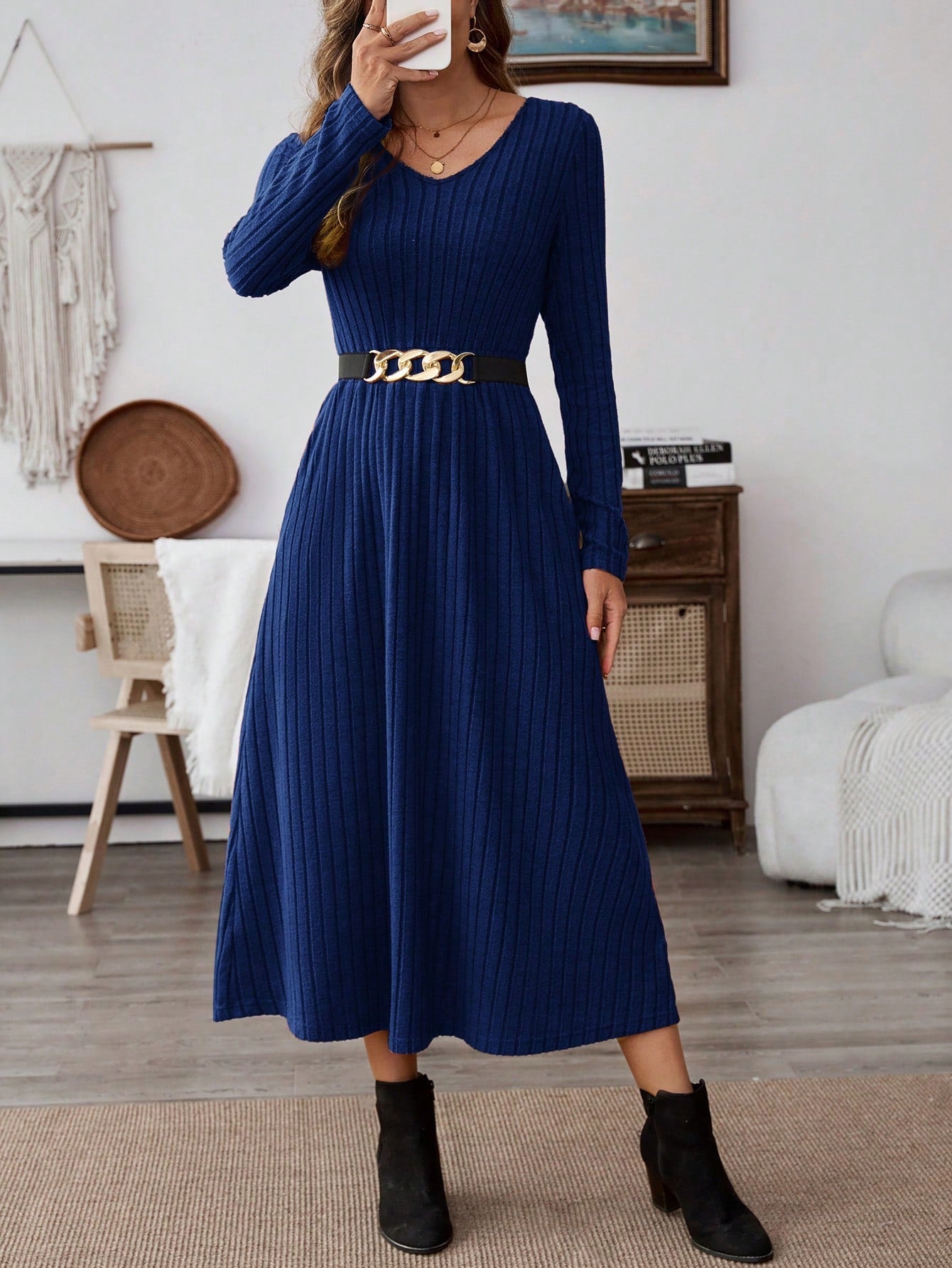 EMERY ROSE Women Solid Color V-Neck Pocket Rib Knit Long Sleeve Mid-Length Dress - WestLine Apparel