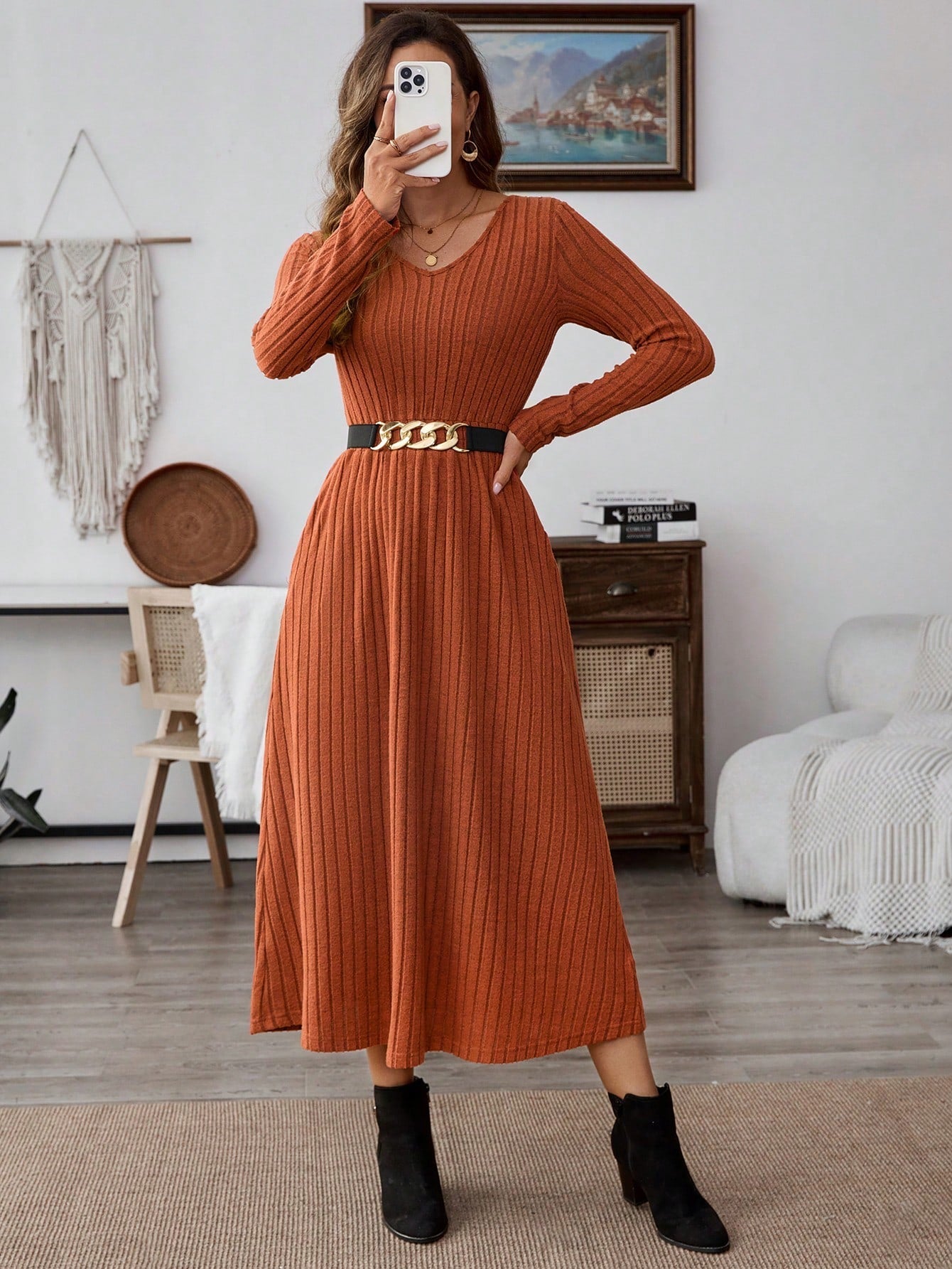 EMERY ROSE Women Solid Color V-Neck Pocket Rib Knit Long Sleeve Mid-Length Dress - WestLine Apparel