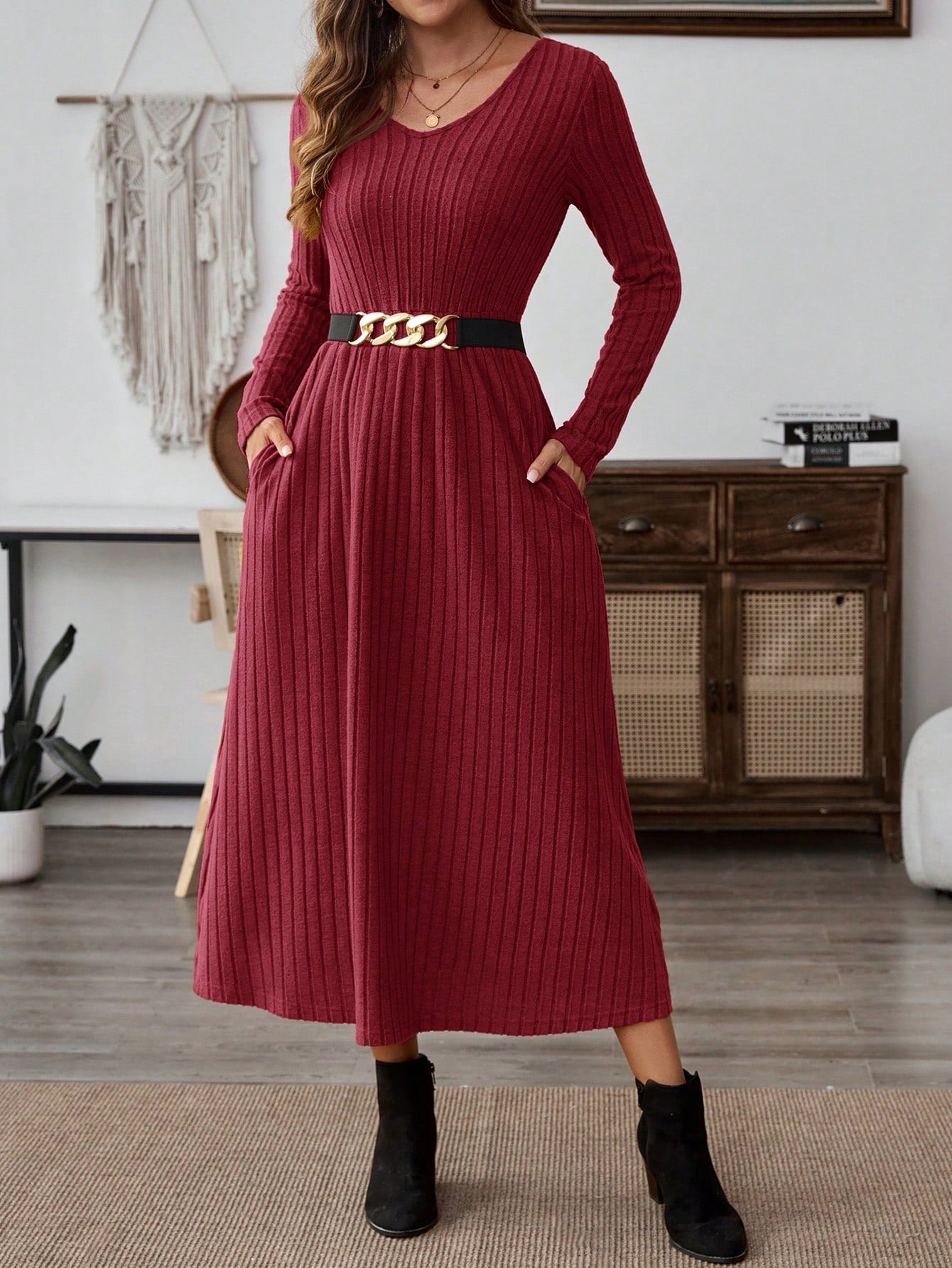 EMERY ROSE Women Solid Color V-Neck Pocket Rib Knit Long Sleeve Mid-Length Dress - WestLine Apparel