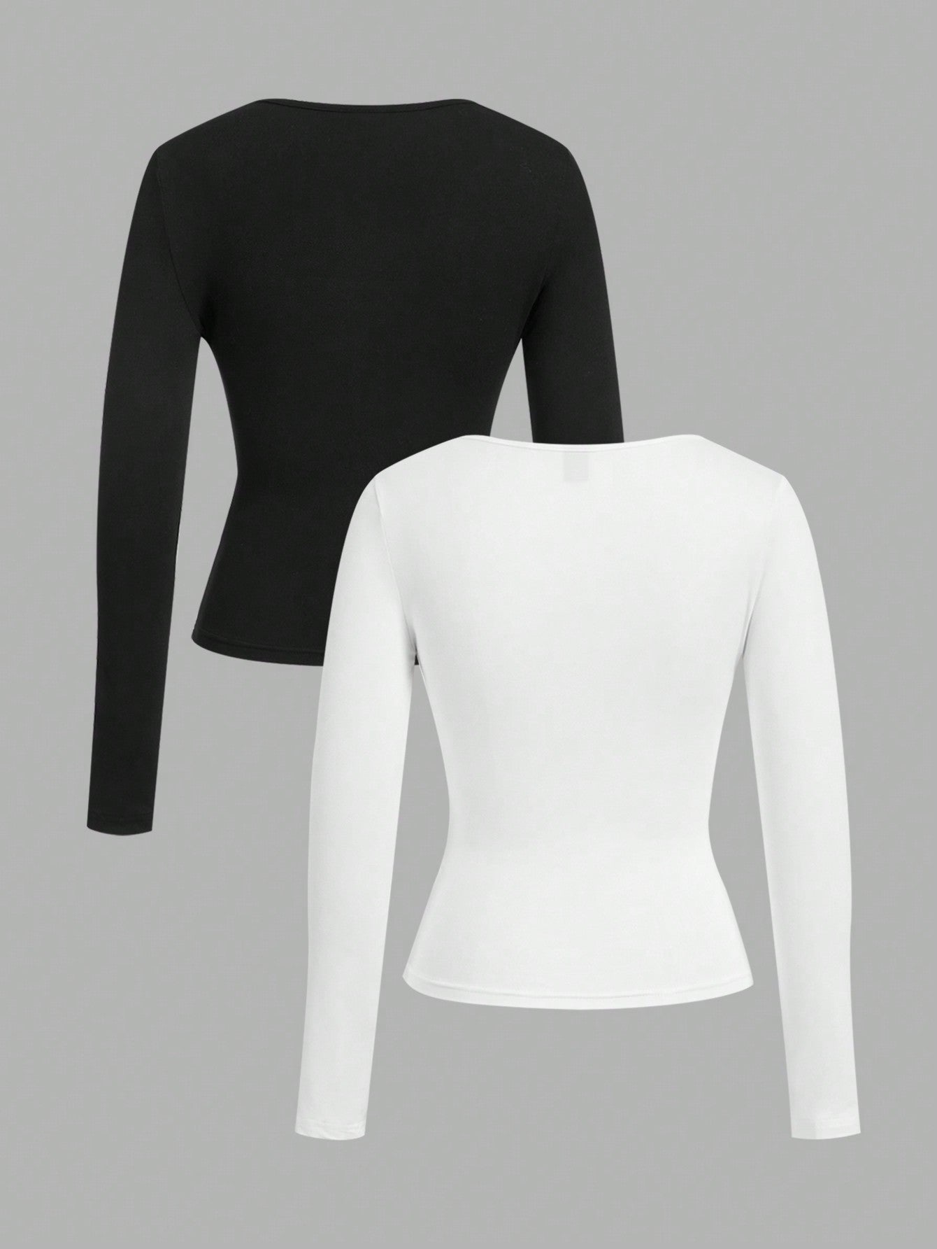 EZwear 2pcs Women Square Neckline Skinny Long Sleeve Casual T-Shirt Suit - WestLine Apparel