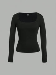 EZwear 2pcs Women Square Neckline Skinny Long Sleeve Casual T-Shirt Suit - WestLine Apparel