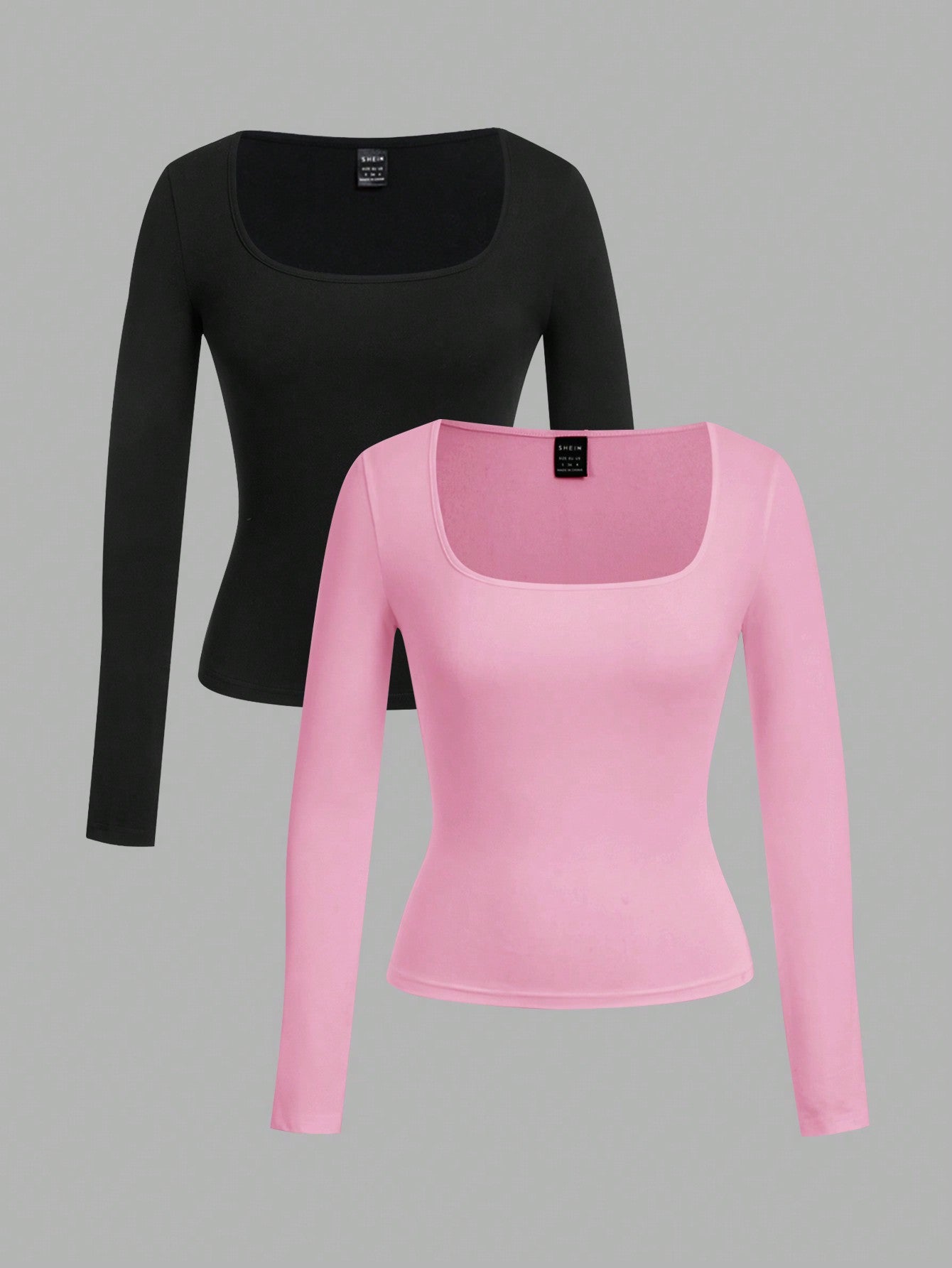 EZwear 2pcs Women Square Neckline Skinny Long Sleeve Casual T-Shirt Suit - WestLine Apparel