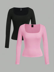 EZwear 2pcs Women Square Neckline Skinny Long Sleeve Casual T-Shirt Suit - WestLine Apparel
