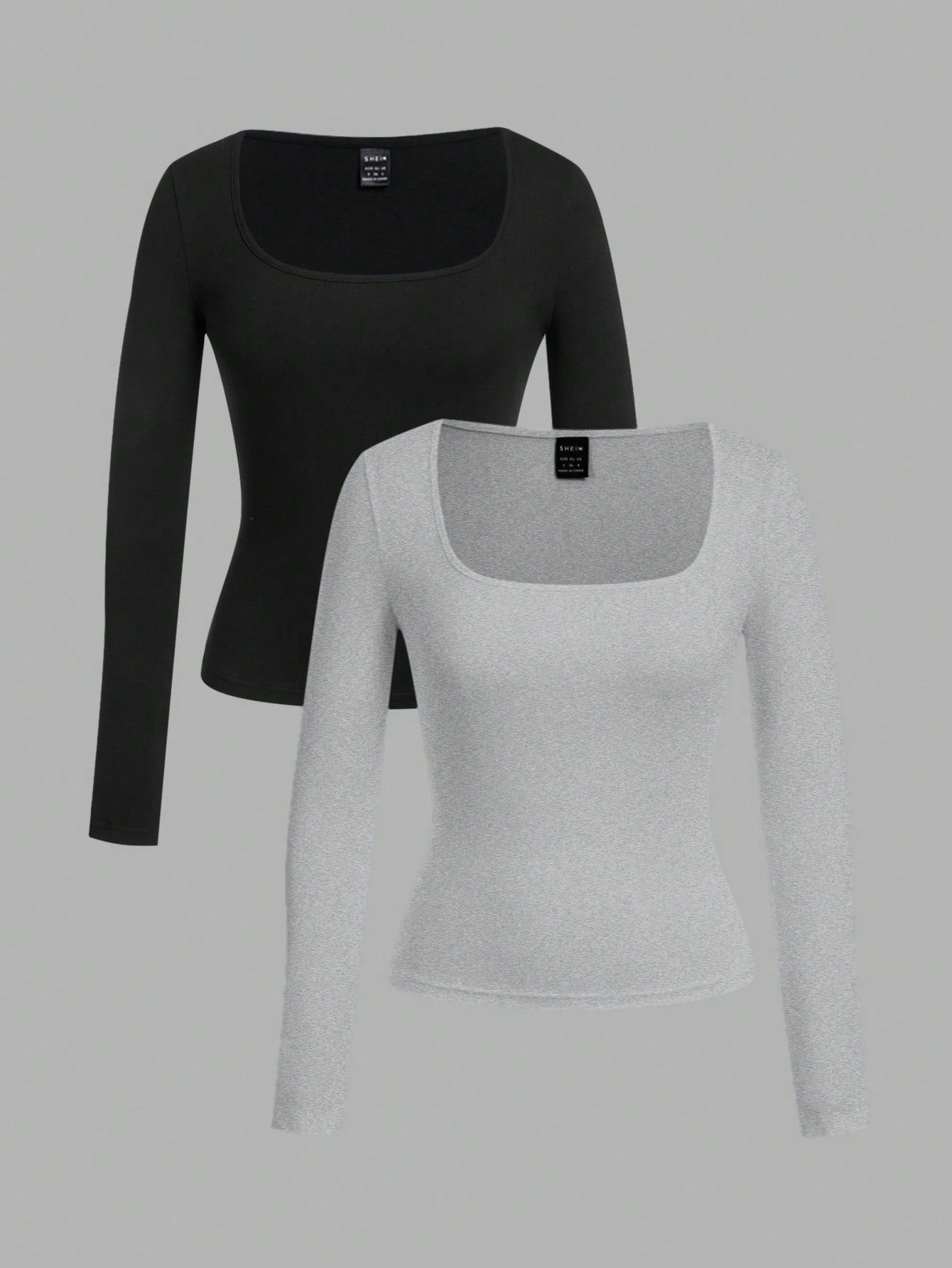EZwear 2pcs Women Square Neckline Skinny Long Sleeve Casual T-Shirt Suit - WestLine Apparel