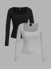 EZwear 2pcs Women Square Neckline Skinny Long Sleeve Casual T-Shirt Suit - WestLine Apparel