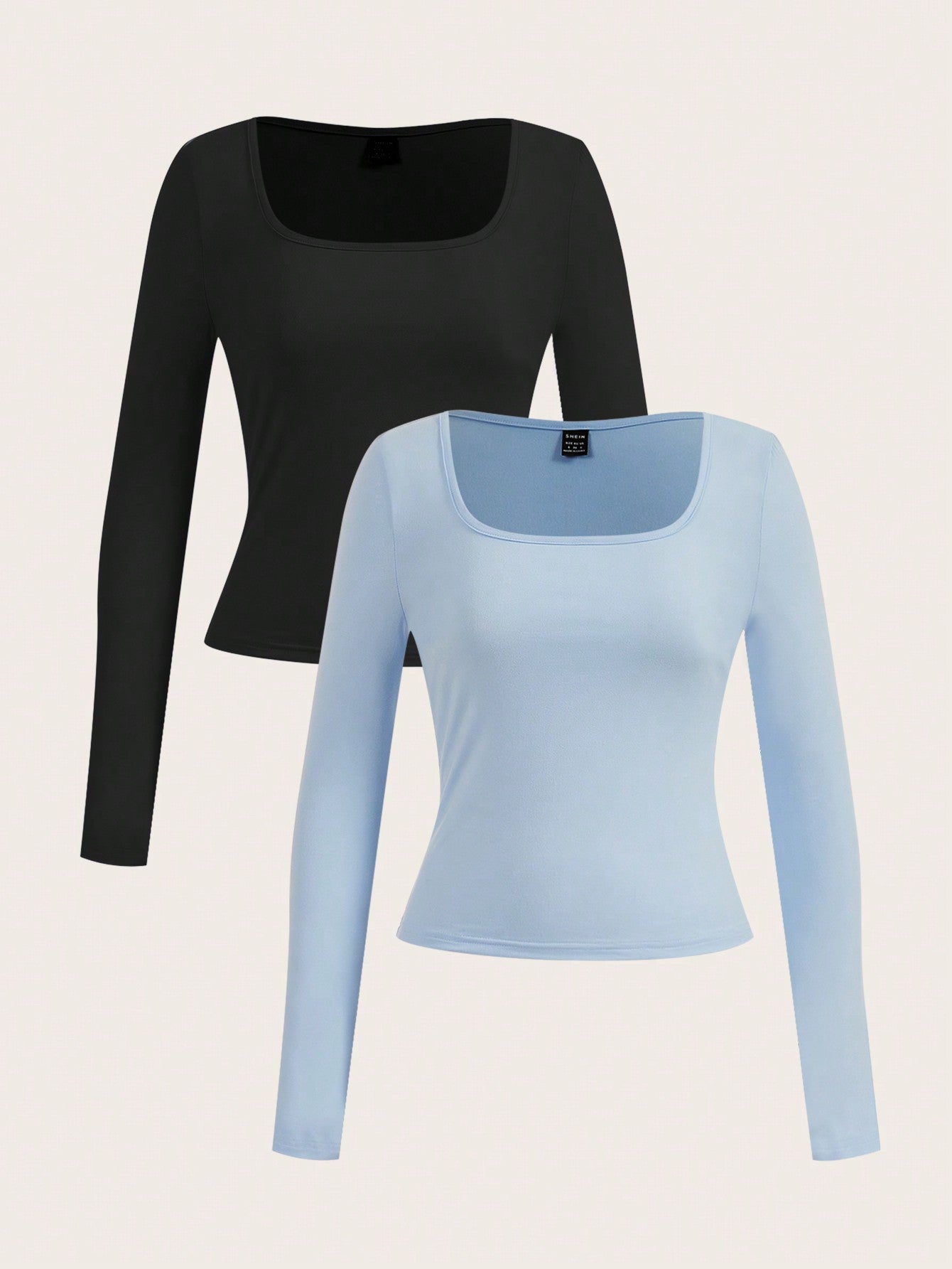 EZwear 2pcs Women Square Neckline Skinny Long Sleeve Casual T-Shirt Suit - WestLine Apparel