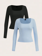 EZwear 2pcs Women Square Neckline Skinny Long Sleeve Casual T-Shirt Suit - WestLine Apparel
