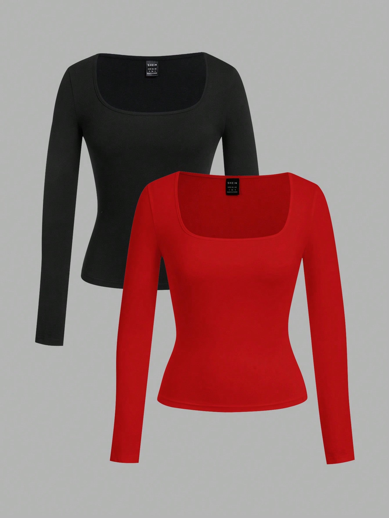 EZwear 2pcs Women Square Neckline Skinny Long Sleeve Casual T-Shirt Suit - WestLine Apparel