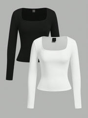 EZwear 2pcs Women Square Neckline Skinny Long Sleeve Casual T-Shirt Suit - WestLine Apparel